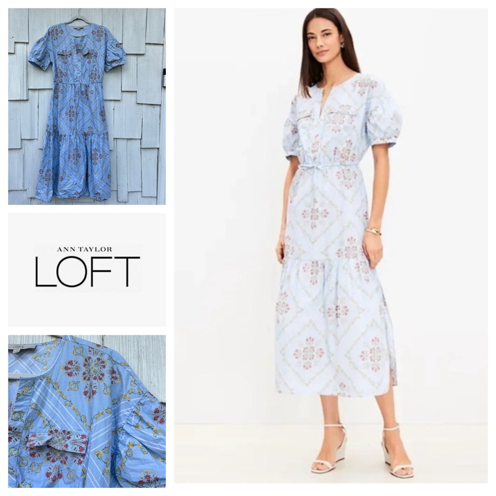 LOFT Women's Small Blue Floral Print Tiered Midi Dress Short Sleeve Pockets - Picture 1 of 8
